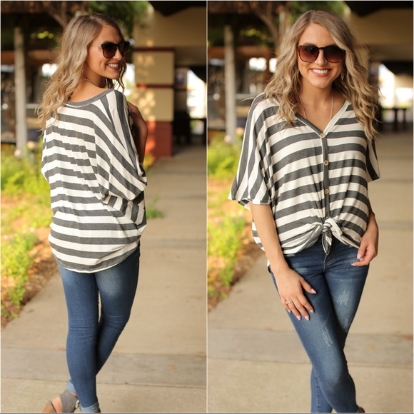 Infinity Raine Tops - ✨LAST ONE ✨Charcoal Gray Striped Tie Front Top